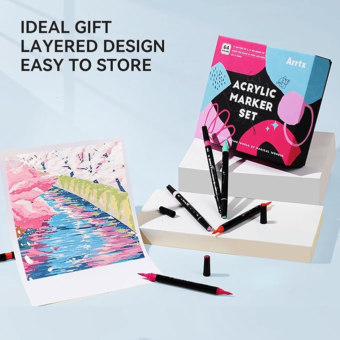 Arrtx Paint Markers Paint Pens, 64 Colors Acrylic Paint Pens Dual-Tip for Rock Painting, Ceramic, Wood, Plastic, Scrapbooking, Brush Lettering, Card Making, DIY Crafts (Fine Tip and Brush Tip)