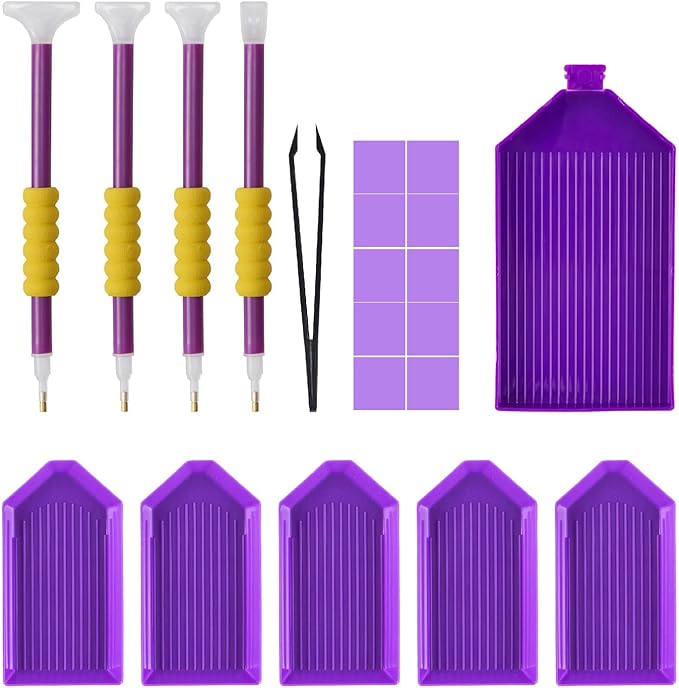 KTCLCATF DIY Diamond Painting Tools and Accessories Kits Multiple Sizes Painting Pens for Adults to Make Diamond Art Craft Tweezers Glue Diamond Correction 28 Girds Storage Box (Purple25PCS)