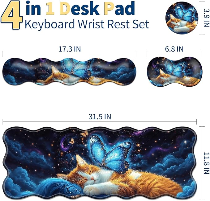 4-Piece XXL Gaming Mouse Pad Set (31.5"x11.8") with Keyboard Wrist Rest,Mouse Wrist Support & Coaster,Ergonomic Non-Slip Desk Mat for Office & Home,Cat Bule Butterfly