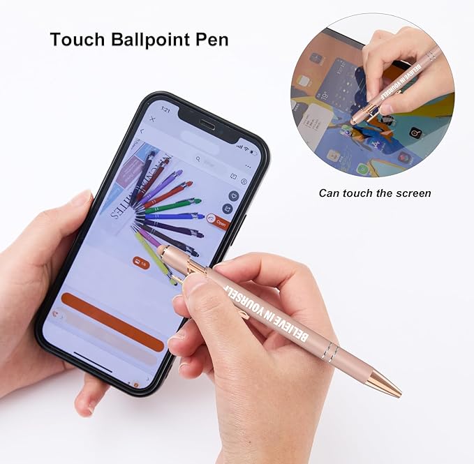 Funny Pens, 12 Pcs Rose Gold Fine Point Smooth Writing Pens, Inspirational Stylus Ballpoint Pens with Screens Touch Stylus Tips, Black Ink 1.0 Mm Gift Office Desk Accessories