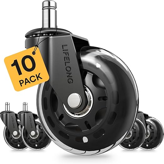Lifelong Office Chair Wheels Replacement Rubber Chair Casters for Hardwood Floors and Carpet, Set of 5, Heavy Duty Casters for Chairs to Replace Office Chair Mats - Fits 98% (10 Pack)