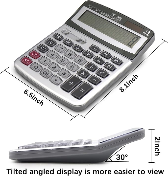 OFFIDIX Desk Calculator 12 Digits Extra Large LCD Display,Big Buttons Dual Power Solar Calculator for Office,Work,Business,Home and School