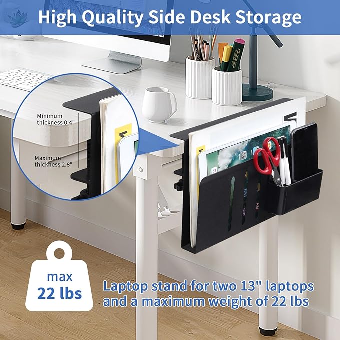 LUKETURE Desk Side Storage, Steel Side Desk Organizer, No Drill Laptop Holder, Clamp on Laptop Mount with Pen Holder, Table Hanging Storage for Home Office, Fits Flat Edge Tables 0.3" to 2.8"