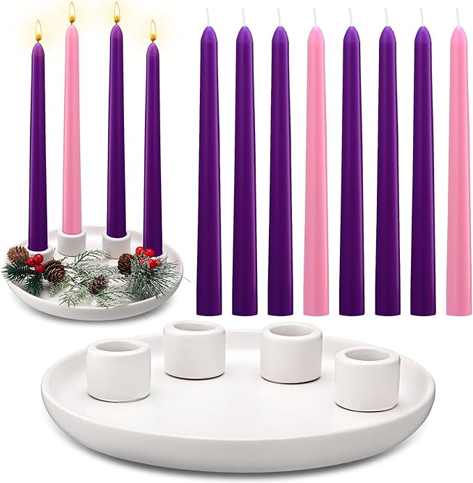 Ceramic Christmas Advent Candles Holder with 12 Taper Candles Candlestick 7.8 Inch Advent Wreath Candleholder Tray for 4 Christmas Table Centerpiece Decorations Holiday Indoor Xmas Home Decor