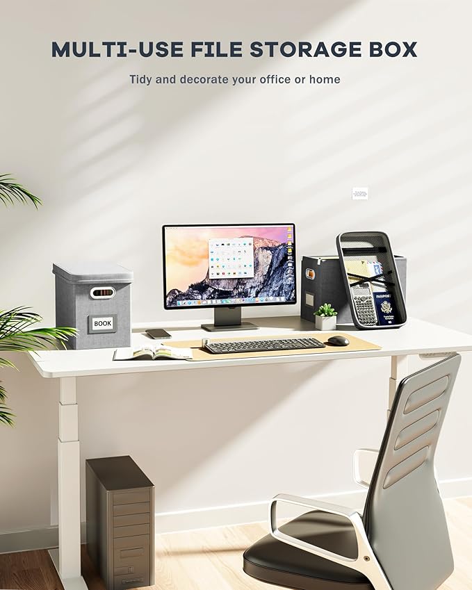 Oterri Hanging Filing File Box with Mesh Pocket, File Organizer Box with Lid, Collapsible Document Organizer Box for Letter Size, Easy Slide Durable Storage Box for Office/Decor/Home (2 PCS, Grey)