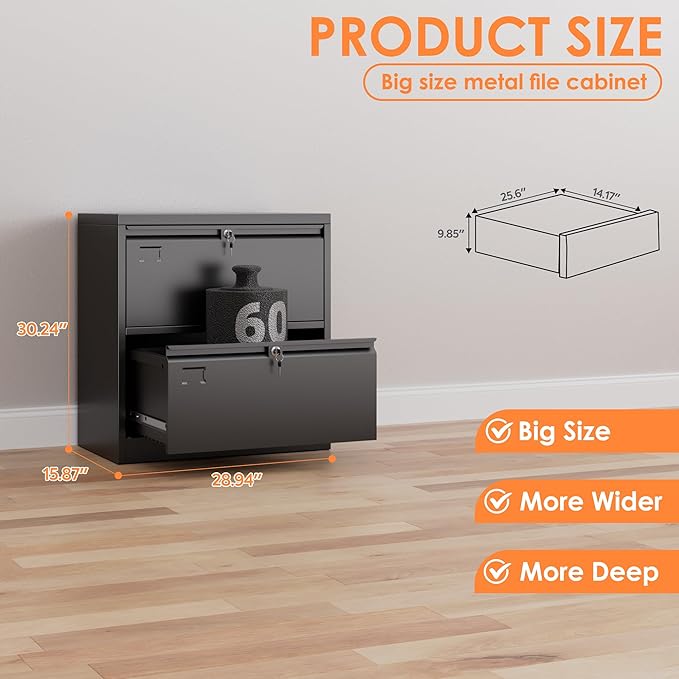 METAN Upgrade Metal 2 Drawer Lateral Files Cabinet for Home Office, Lockable Steel Wide File Storage Cabinet for Hanging Legal/Letter A4 Size, Assembly Required, Black