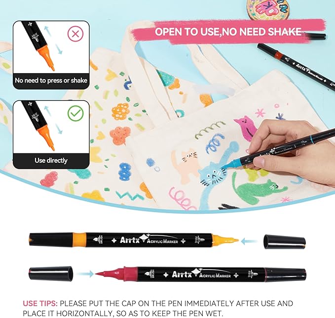 Arrtx Paint Markers Paint Pens, 64 Colors Acrylic Paint Pens Dual-Tip for Rock Painting, Ceramic, Wood, Plastic, Scrapbooking, Brush Lettering, Card Making, DIY Crafts (Fine Tip and Brush Tip)