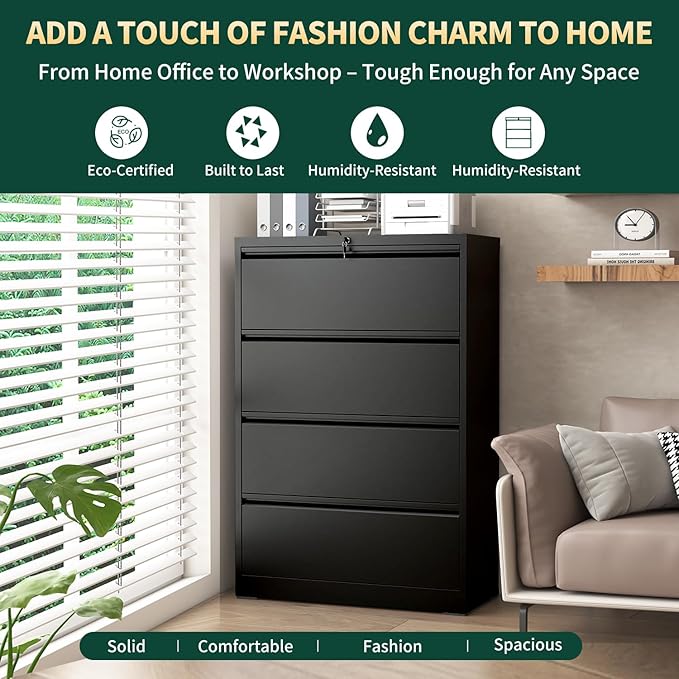 Lateral File Cabinet with 4 Drawer, Metal File Cabinets for Home Office with Lock, Large Filing Storage Cabinet Printer Stand, Steel Wide File Cabinet for Legal/A4/F4/Letter Size Files-Black