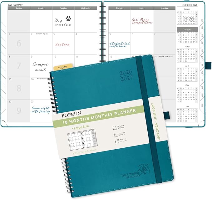 POPRUN Monthly Planner 2026-2027 (Large 8.5" x 10.5") 18 Months Calendar (Jan 2026 - Jun 2027) - 4 Pages per Month with Expense & Notes, Stair-like tabs, Leather Cover, Sunday Starts - Pacific Green