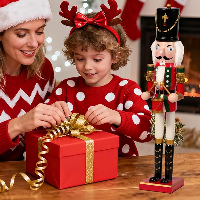 Nutcracker Christmas Decor, 18" Wooden Nutcracker Soldier Christmas Decoration Home Mantle Table Fireplace Christmas Ornaments for Festival Party(18" Hat Drum Nutcracker)