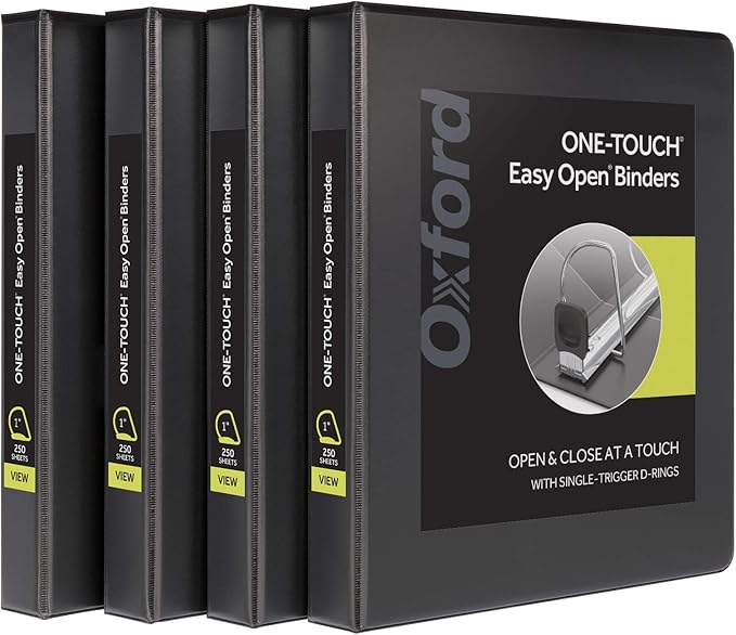 Oxford 3 Ring Binders, 1 inch ONE-Touch Easy Open D Rings, Durable Binders for School and Office, ClearVue, Xtralife Hinge, Non-Stick, PVC-Free, Black, Holds 250 Sheets, 4 PK (79903)