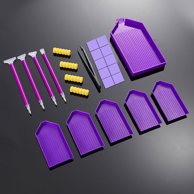 KTCLCATF DIY Diamond Painting Tools and Accessories Kits Multiple Sizes Painting Pens for Adults to Make Diamond Art Craft Tweezers Glue Diamond Correction 28 Girds Storage Box (Purple25PCS)