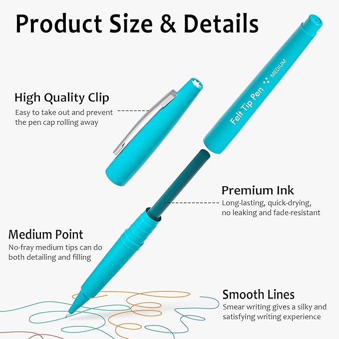 Lelix 40 Colors Felt Tip Pens, Medium Point Felt Pens, Assorted Colors Markers Pens For Journaling, Writing, Note Taking, Planner Coloring, Perfect as Art Office and School Supplies