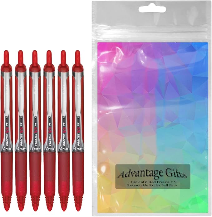 Precise V5 RT Retractable Rolling Ball Pens, Extra Fine Point (.5mm), Red Ink, 6-pk; Premium Comfort Grip, Bundle with Plastic Reusable Pouch