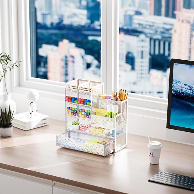 Marbrasse Mesh Pen Holder for Desk, Desk Organizer with Drawer, Multi-Functional Pencil Organizer, Desk Organizers and Accessories for Office Art Supplies (White)
