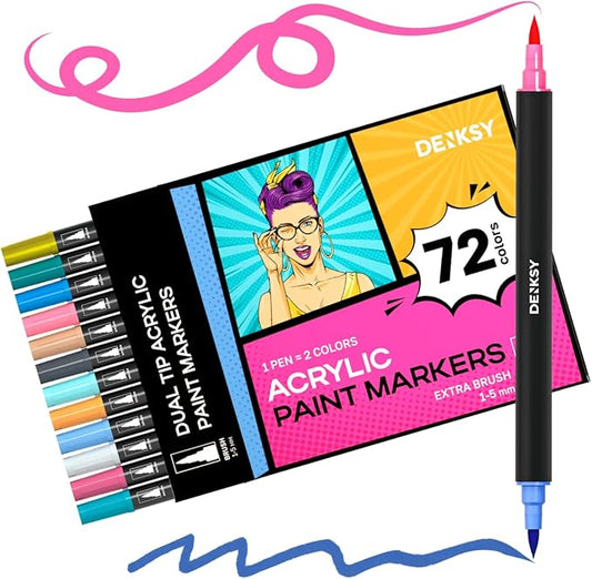 Acrylic paint pens create art – Dual Brush Tip Acrylic Markers Set, Waterproof Quick-Drying Ink for Rock Painting, Glass, Wood, Fabric (72)