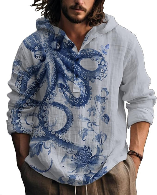 MARSVOVO Hooded Long Sleeve Shirt Men Fashion Graphic Button Up Lightweight Big and Tall Casual Vacation Shirts for Men