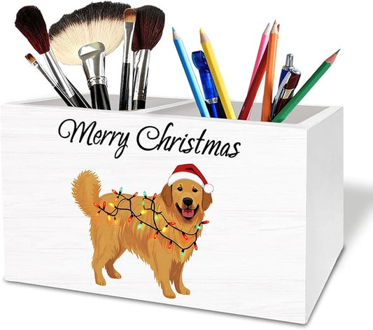 Merry Christmas Golden Retriever Pen Holder for Desk, Holiday Xmas Dog Wooden Box Sign Desk Decor for Home Office Decoration, Dog Pencil Organizer, Golden Retriever Christmas Decor