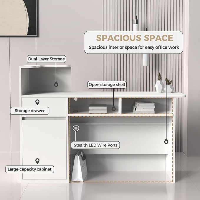 Modern Reception Desk with LED Lights - 59" Front Desk Reception Counter with Dual Display Shelves & Hidden Cable Management, Lockable Drawer & Storage Cabinet for Office, Salon, Spa, Retail, Right
