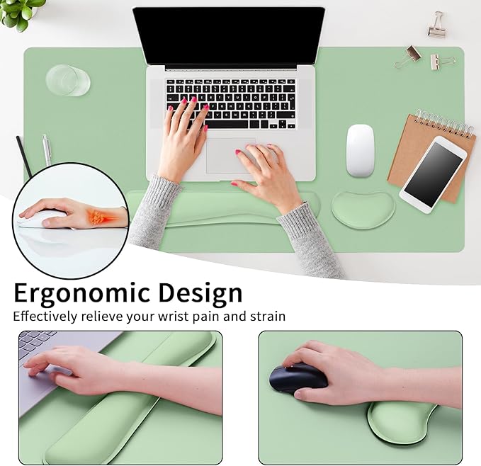 Mouse Pad and Keyboard Wrist Rest, Large Keyboard and Mouse Pad Set, Ergonomic Mousepad with Wrist Rest, Non-Slip Desk Mat Protector for Office, Home (31.5×15.7 Inches, Lake Green)