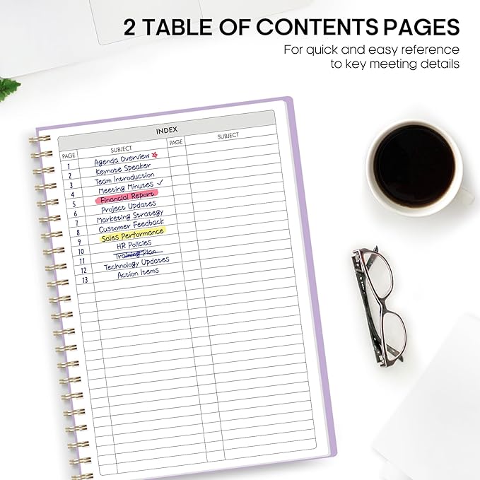 Meeting Notebook for Work Organization - Work Planner Notebook with Action Items, Agenda Planner for Note Taking, 160 Pages (6.9" X 9.9") Project Organizer for Men & Women - Lavender