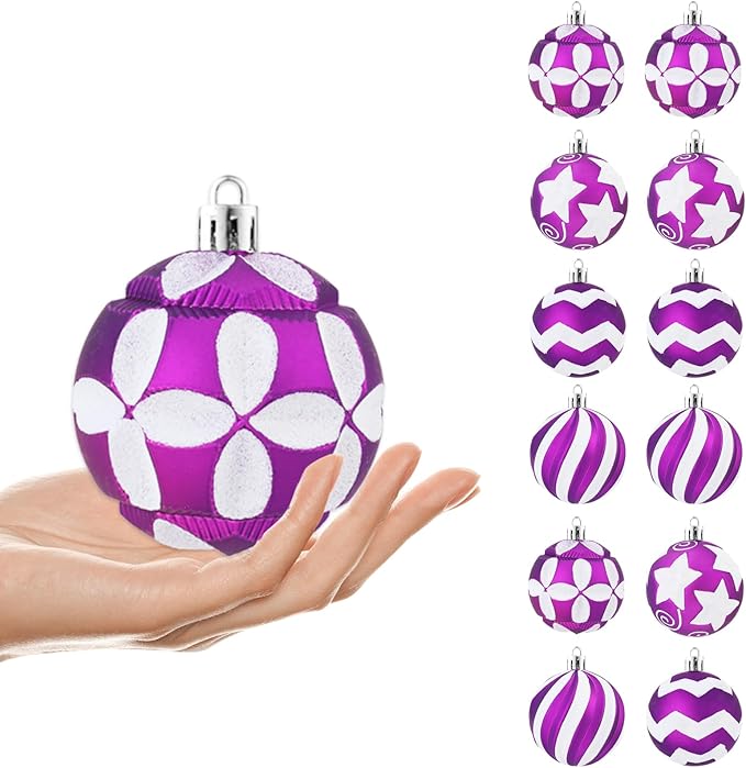 Large Purple White Christmas Ornaments for Tree, 12Pcs Shatterproof Christmas Bulbs Ornaments, 4 Inch Big Hanging Balls Decorations for Xmas Trees Parties Malls (Purple & White)