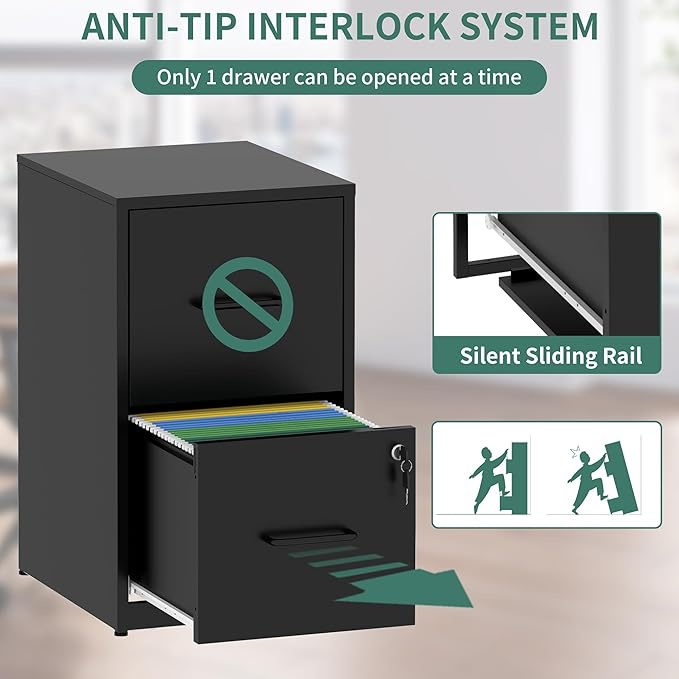 2 Drawer File Cabinet with Lock,Metal Vertical Filing Cabinets for Home Office,Heavy Duty File Storage Cabinet for Letter/Legal/A4/F4 Size File,Assembly Require (Black, Vertical 2 Drawer)