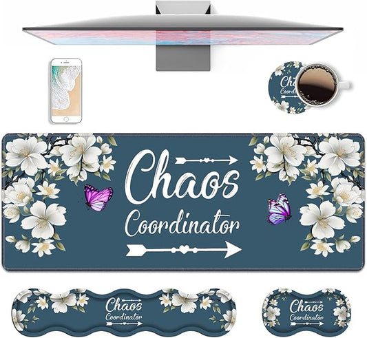 4 in 1 Ergonomic Keyboard Wrist Rest & Mouse Pad Wrist Rest Set, Large XXL Gaming Desk Mat 31.5"x 11.8" with Non-Slip Base, Memory Foam for Home Office Study Gaming, Floral Quote Chaos Coordinator