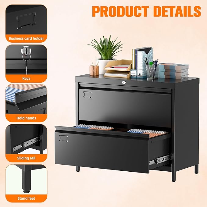 Metal Lateral File Cabinet with 2 Drawer,Metal Filing Cabinets with Lock for Home Office A4 and Letter Size Files, Printer Stand, Assemble Required,Black