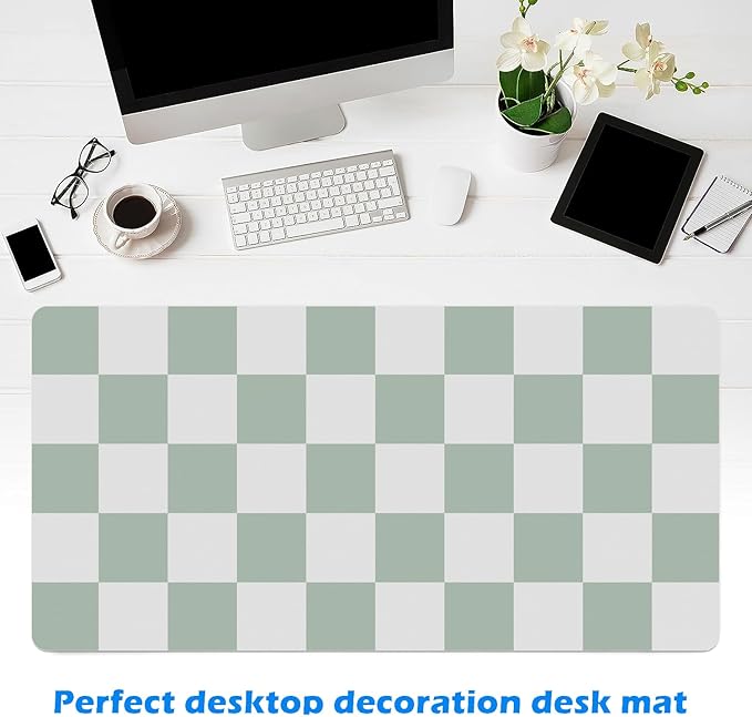 MAYCARI Cute Desk Mat Kawaii Mousepad, Anime Aesthetics Desk Pad XXL Cute Checkered White and Green Mouse Pad Computer Keyboard Mat, Office Desk Pad Protector 31.5"X15.7"