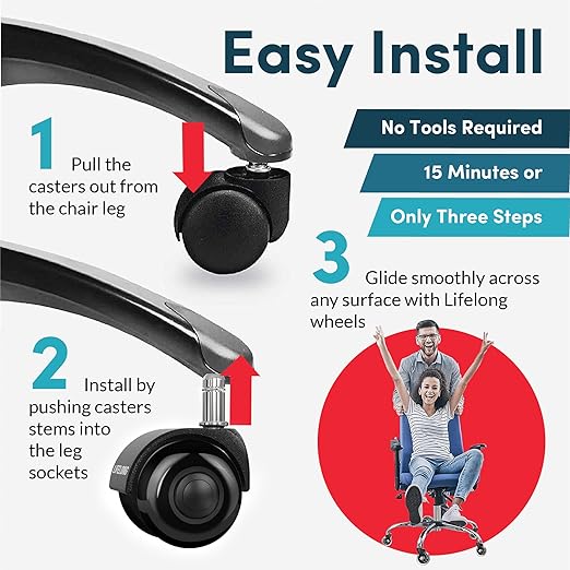 Lifelong Office Chair Dual Wheels Replacement Rubber 2 Inch Chair Casters for Hardwood Floors and Carpet, Set of 5, Heavy Duty Casters for Chairs to Replace Office Chair Mats - Fits 98%