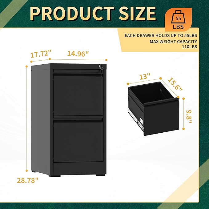 2 Drawer File Cabinet with Lock, Steel Vertical Filing Storage Cabinet for Home Office, Heavy-Duty File Cabinets for Letters/Legal/A4 (Require Assembly, Black)