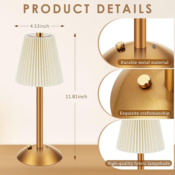 Liliful 2 Pcs LED Portable Cordless Table Lamp Touch Battery Operated Rechargeable Gold Desk Lamp 3 Color Dimmable for Bedroom Living Room Dining (Gold,Beige Cloth Style)