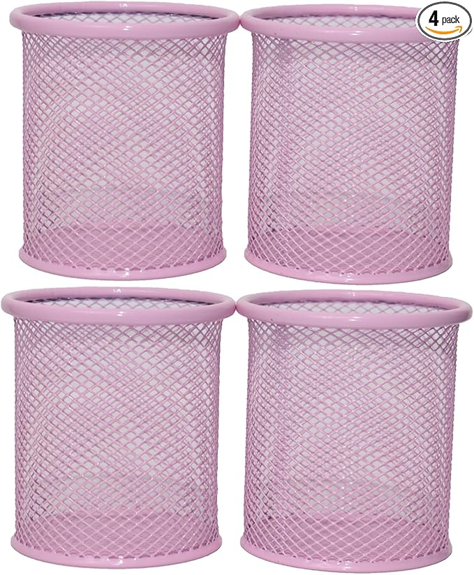Pen Holder Mesh Pencil Holder Metal Pen Holder Cup Pencil Cup Holder for Desk Office Pen Organizer PINK, 4 Pack