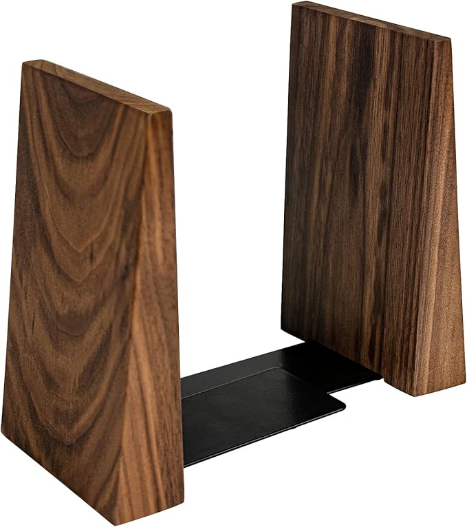 Luxdecor Walnut Book Ends Hold Heavy Books-7x6x5in Wood Bookends for Office Desk Non Skid, Decorative Walnut Bookend 2pack, Triangle Style