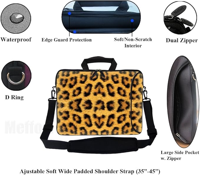 Meffort Inc 17 Inch Neoprene Laptop Bag with Extra Side Pocket, Soft Carrying Handle & Removable Shoulder Strap Fit 16" to 17.3" Size - Leopard Prints