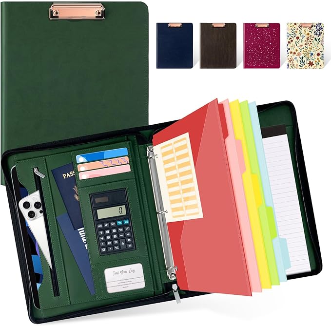 Ospelelf Green Clipboard with Storage 3 Binder Leather Portfolio Folder with Zipper, 12.1” Tablet Sleeve, 5 Dividers with Pocket, Refillable Notepad, Card Slot