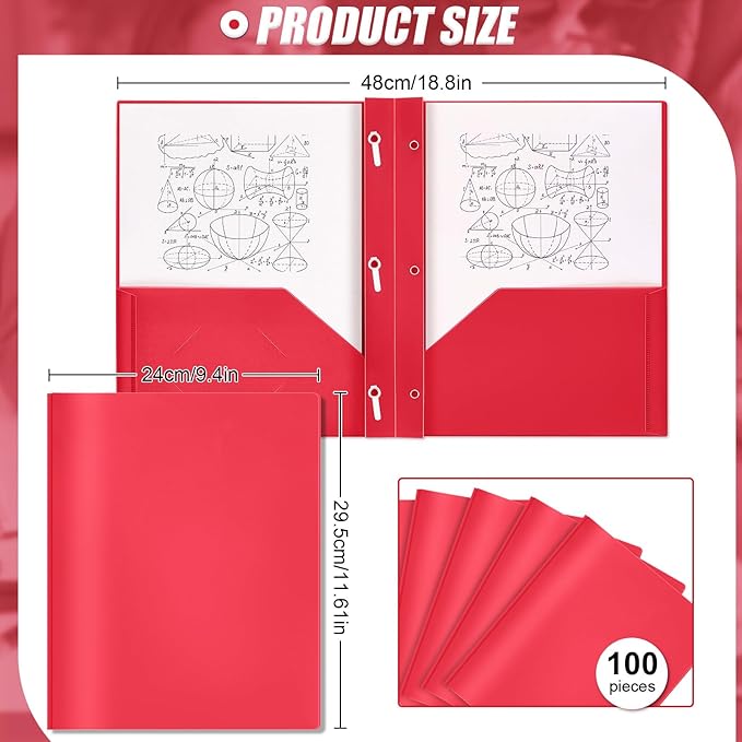 Lincia 100 Pcs Plastic Folders with Pockets and Prong Folders with Prongs Plastic Folders with 2 Pockets Pocket Folders for Office, School for Students, Teachers, Office Workers (Red)