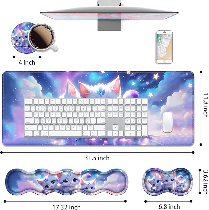 4 in 1 Ergonomic Keyboard Wrist Rest & Mouse Pad Wrist Rest Set, Large XXL Gaming Desk Mat 31.5"x 11.8" with Non-Slip Base, Memory Foam for Home Office Study Gaming, Cute Cat