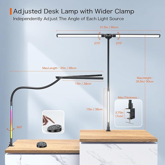LED Desk Lamp with Clamp,Architect Desk Lamp for Home Office,24W Ultra Bright with RGB Atmosphere Lighting,Remote Control,5 Color Modes & 5 Dimmable Eye Protection for Monitor Studio Reading