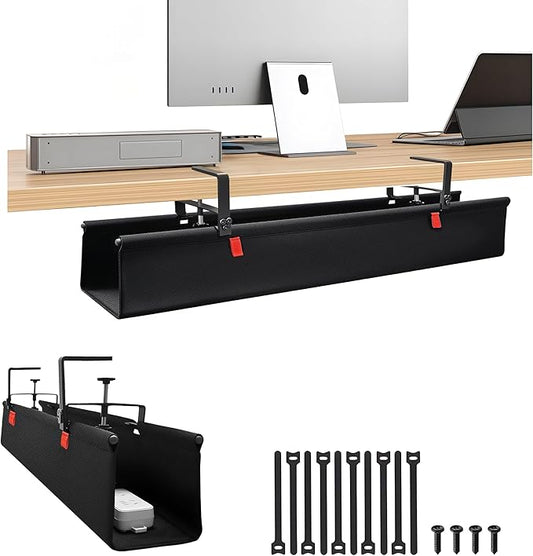 No Drill Cable Management Under Desk, 36" Cord Organizer for Table, Clamp/Screw Mount Cable Tray, Premium Black Fabric Desk Cord Management Tray for Office, Home (Large (36 Inch))