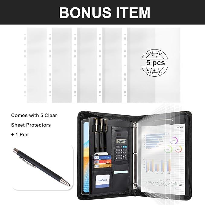 Leathario 3-Ring Portfolio Binder, Includes 5 Sheet Protectors and a Pen, 13 Inch Tablets Organizer, Vegan Leather A4 Padfolio, Multi-Pocket Notepad Business Planner Professional Document