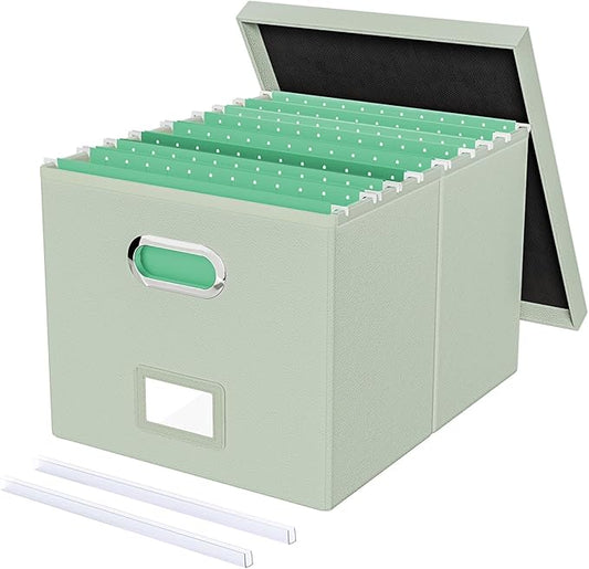 Oterri File Organizer Box,Filing Box with Lid,File Box for Letter/Legal File Folder Storage, Portable Hanging File Box for Office/Decor/Home,1 Pack, Grey-green(Leather),Box only, AM03118