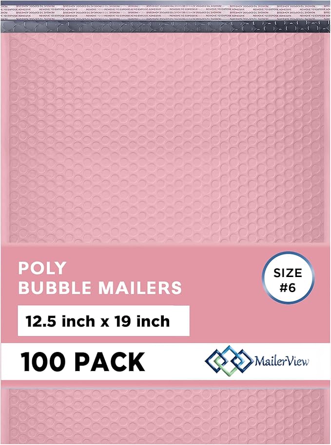 Light Pink 12.5x19.5 Inch Large Poly Bubble Mailers #6 | Padded Envelopes with Self Seal | Air Lined Cushioned Bubble Mailer | Usable Size 12.5x15 | 100 Pack Bulk | Lightweight shipping Bags