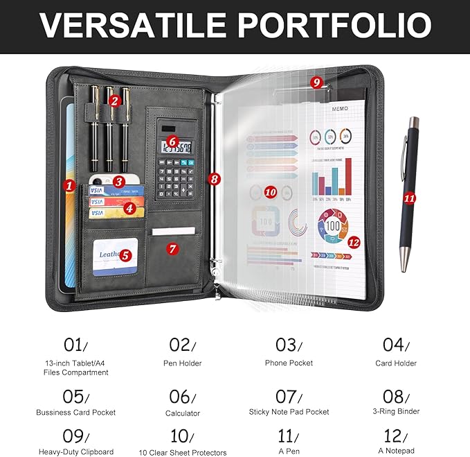 Leathario Portfolio Binder, 3-Ring Folder Organizer, Includes 5 Sheet Protectors and a Pen, Vegan Leather A4 Padfolio for Tablets, Business Conferences Professional Document Organizer, Office Supplies