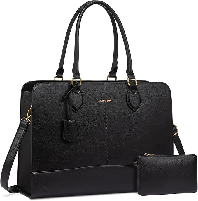 LOVEVOOK Laptop Bag for Women, Work Tote Bags 17.3 inch Computer Bags for Laptops for Women Purse, Large Vintage PU Leather Waterproof Business Office Briefcase, Black