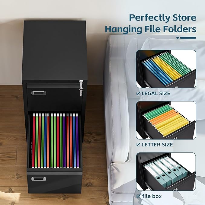 MIIIKO2 Drawer File Cabinet, Metal Vertical Filing Cabinets with Lock, Office File Folders Storage Cabinet for Letter Legal A4 Size