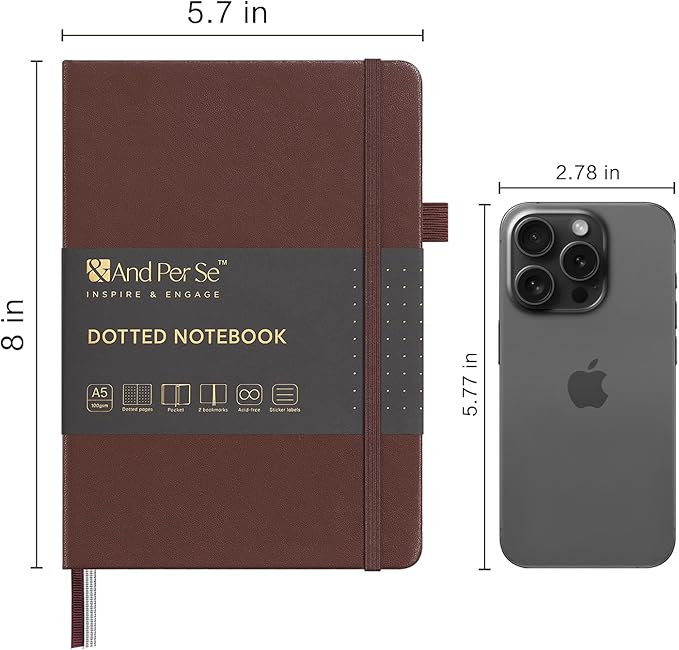 &And Per Se Dotted Journal Notebook, A5 Hardcover Leather Bullet Dotted Journal, 160 Pages 100 gsm Thick Paper, 3 Sheets of Stickers Included- 5.7'' x 8''（Chocolate）
