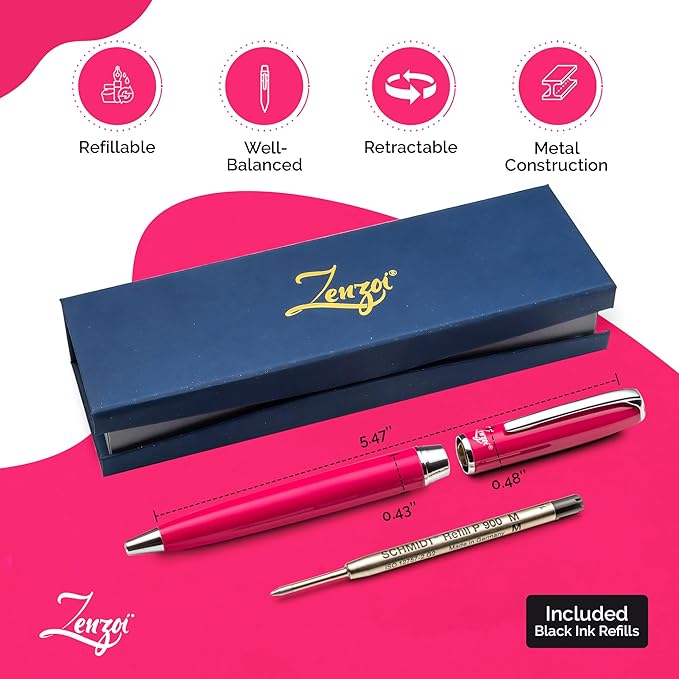ZenZoi Pink Ballpoint Pen – Refillable, Luxury Pen for Women, Men. Smooth Writing Premium Schmidt Ink Refills. Fancy, High End Pen Gift Set. Retractable, Professional, Journaling pen