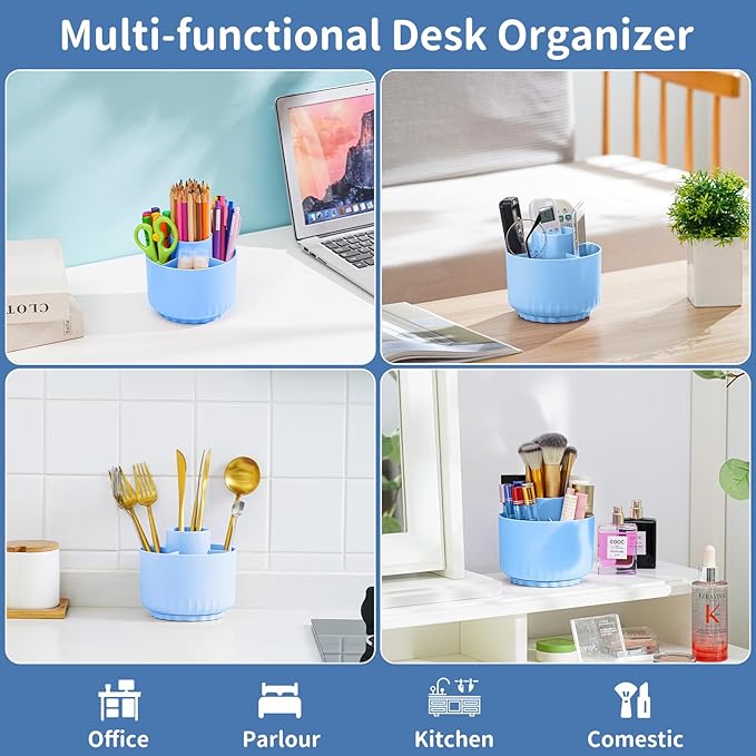 Marbrasse 360-Degree Rotating Pen Pencil Holder, Desk Organizer with 5 Compartments, Art Supply Storage Box Caddy (Sapphire Blue)